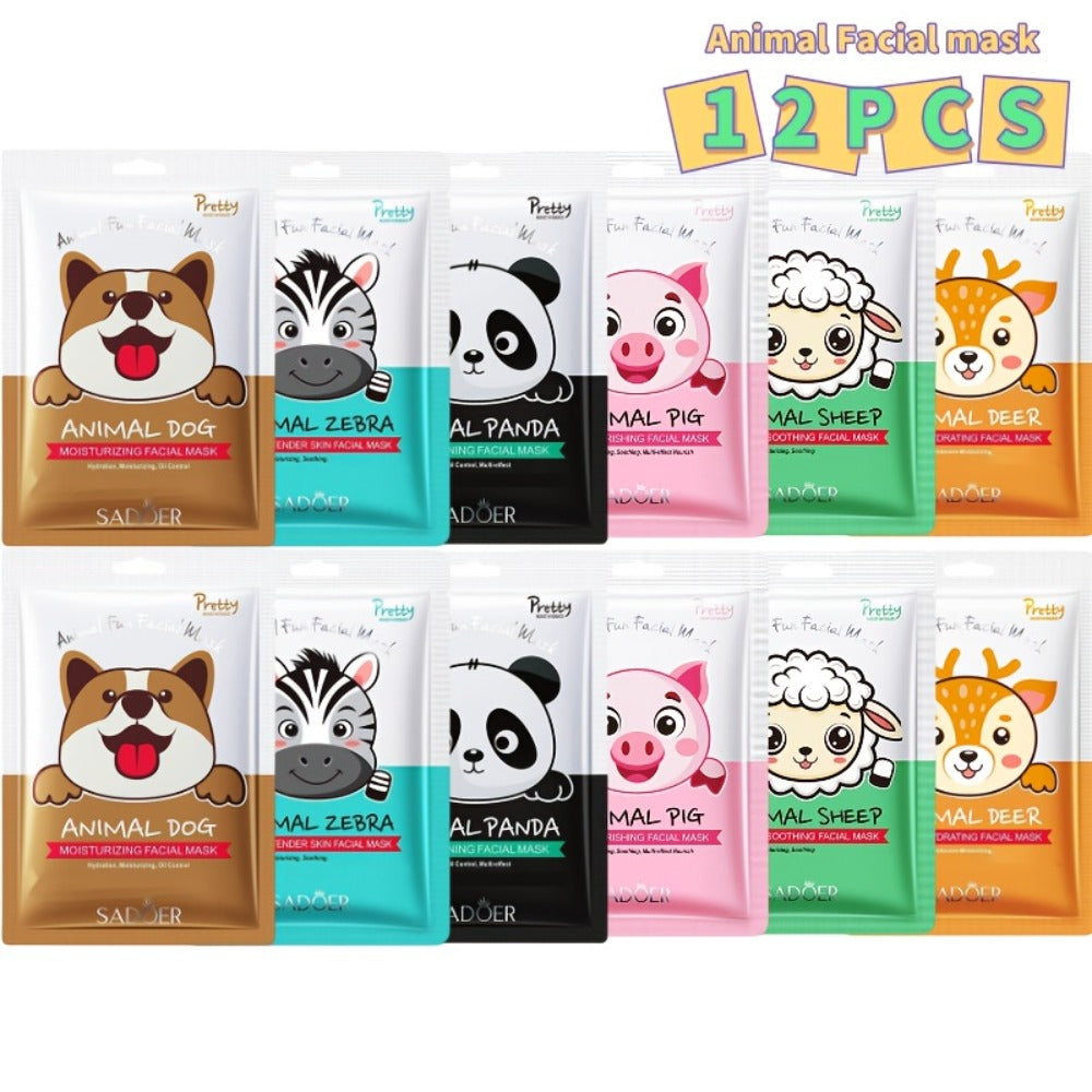 12pcs Fun Animal Printed Hydrating Face Masks for Skincare - Featuring Panda, Zebra, Piglet, Lamb, Puppy, And Sika Deer, Perfect for Moisturizing in Spring And Summer