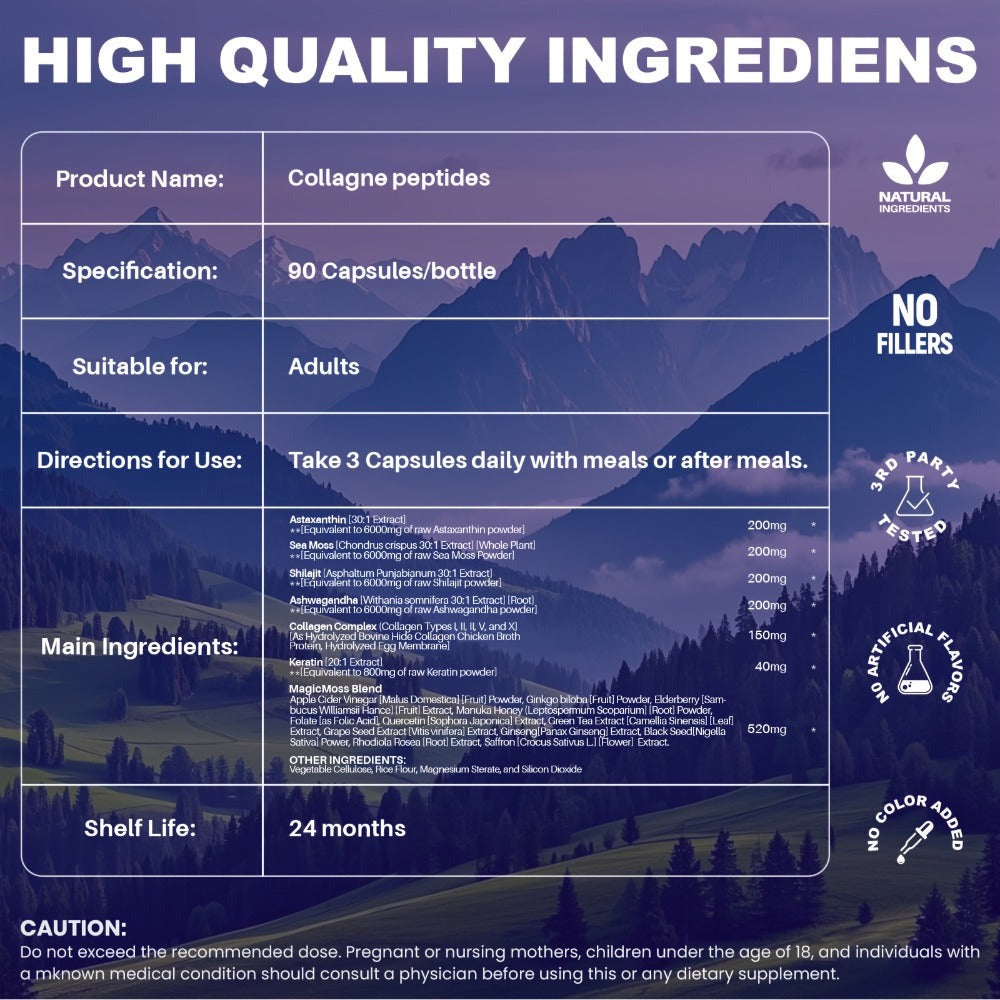 Collagen Powder Capsules - Type I, II, III, V, X with Vitamin C, Hyaluronic Acid & Biotin | for Skin Hydration & Elasticity, Hair & Nail | for Men & Women, 3-Party Tested, 90 Capsules