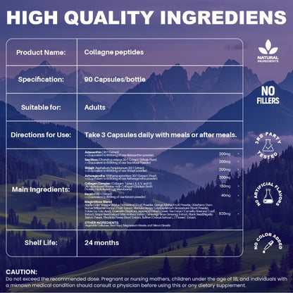 Collagen Capsules Type I II III V X with Vitamin C, Hyaluronic Acid & Biotin - Skin Hydration, Elasticity, Hair & Nail Support Supplement for Men & Women - 3rd Party Tested, 90 Capsules