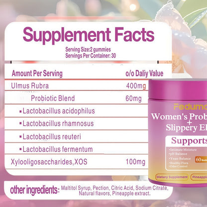 Women's Probiotic Gummies with Slippery Elm for Intimate Moisture Odor Control Healthy Flora – Pineapple Flavor 60 Count Feminine Wellness Supplement Daily Gut Health Support