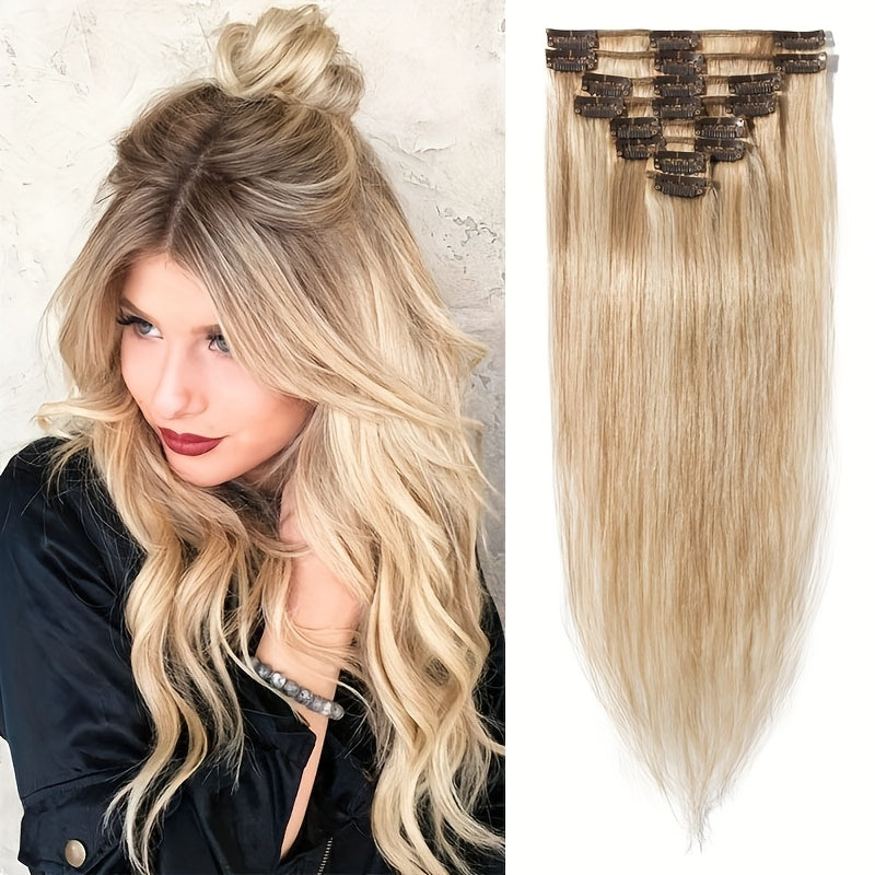 Clip In Human Hair Extensions Straight Remy Hair – 8 Piece Full Head Set with Highlighted Blonde Colors, Natural Seamless Look for Women, 8–24 Inch