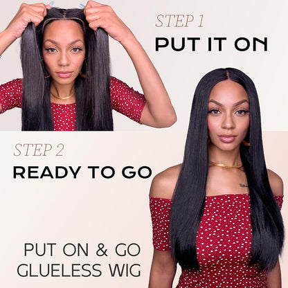 6x4.5 HD Lace Put On and Go Wig Human Hair Straight Glueless 250% Density Pre-Plucked Pre-Cut Pre-Bleached Knots Transparent Lace Front Wig 22-36 Inch Women