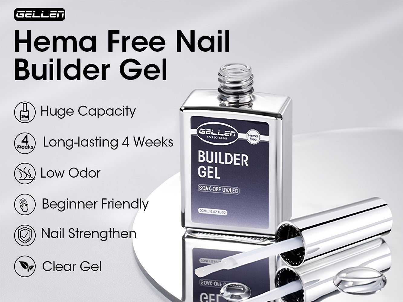 Gellen Clear 5-In-1 Hema-Free Builder Gel for Nails, 0.68oz for Nail Strengthener in a Bottle, for Nail Extension Hard Gel, Soak Off Long-Lasting Light, Base Coat Top Coat Needed