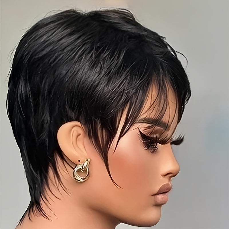 Looking Brazilian Remy Human Hair Wig for Women & Men - 150% Density Glueless Straight Pixie Cut with Bangs, 6 Inch Layered Short Style, Rose Net Cap (Compatible with African Hair)