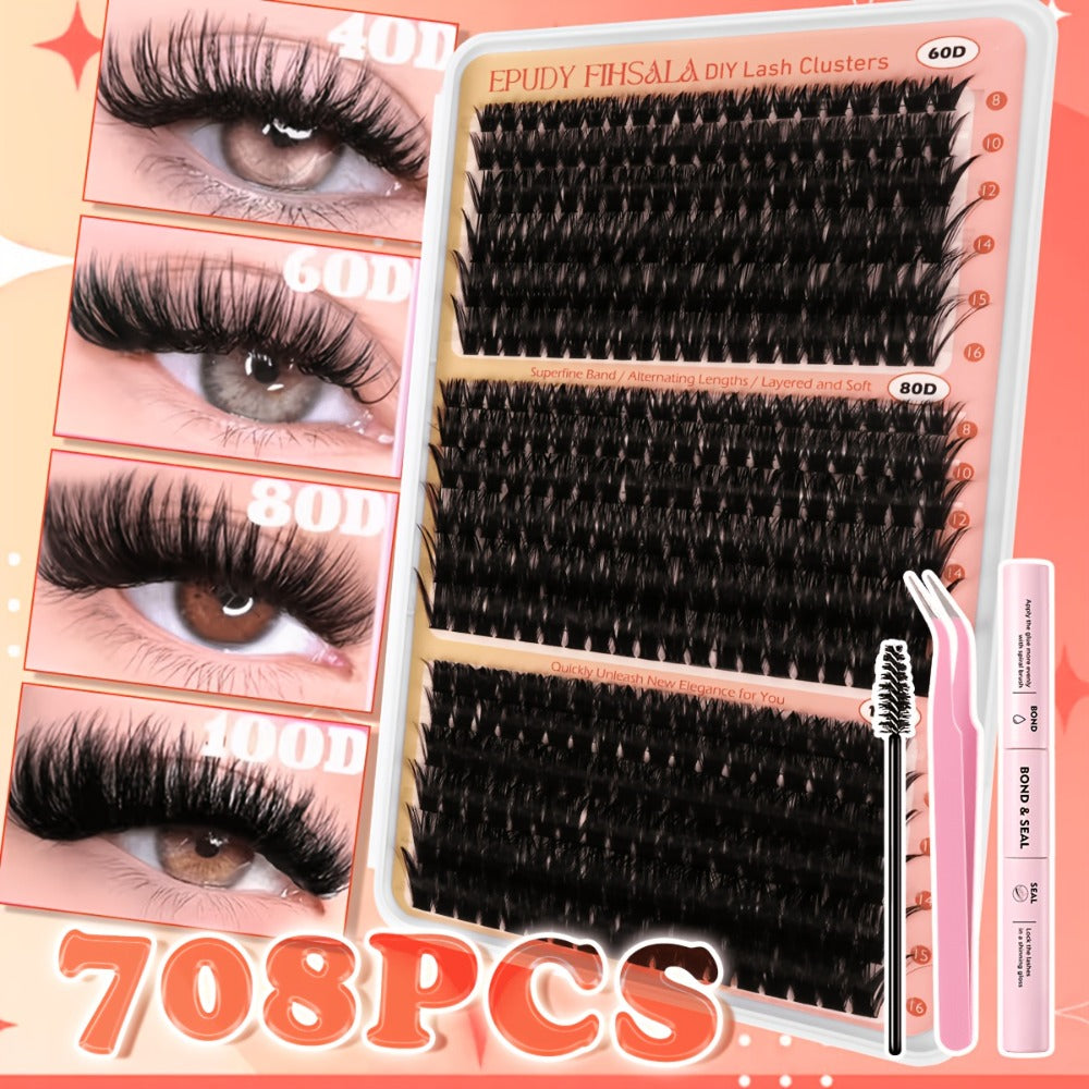 Lash Clusters Kit 708pcs 8-16Mm Mixed 30D-100D Lashes Clusters Kit with Glue, Tweezers And Brush, Mega Volume Cluster Lashes for Natural Or Dramatic Eye Makeup, Soft Reusable Eyelash Clusters Kit for Long Lasting Salon Style Look Easily at Home