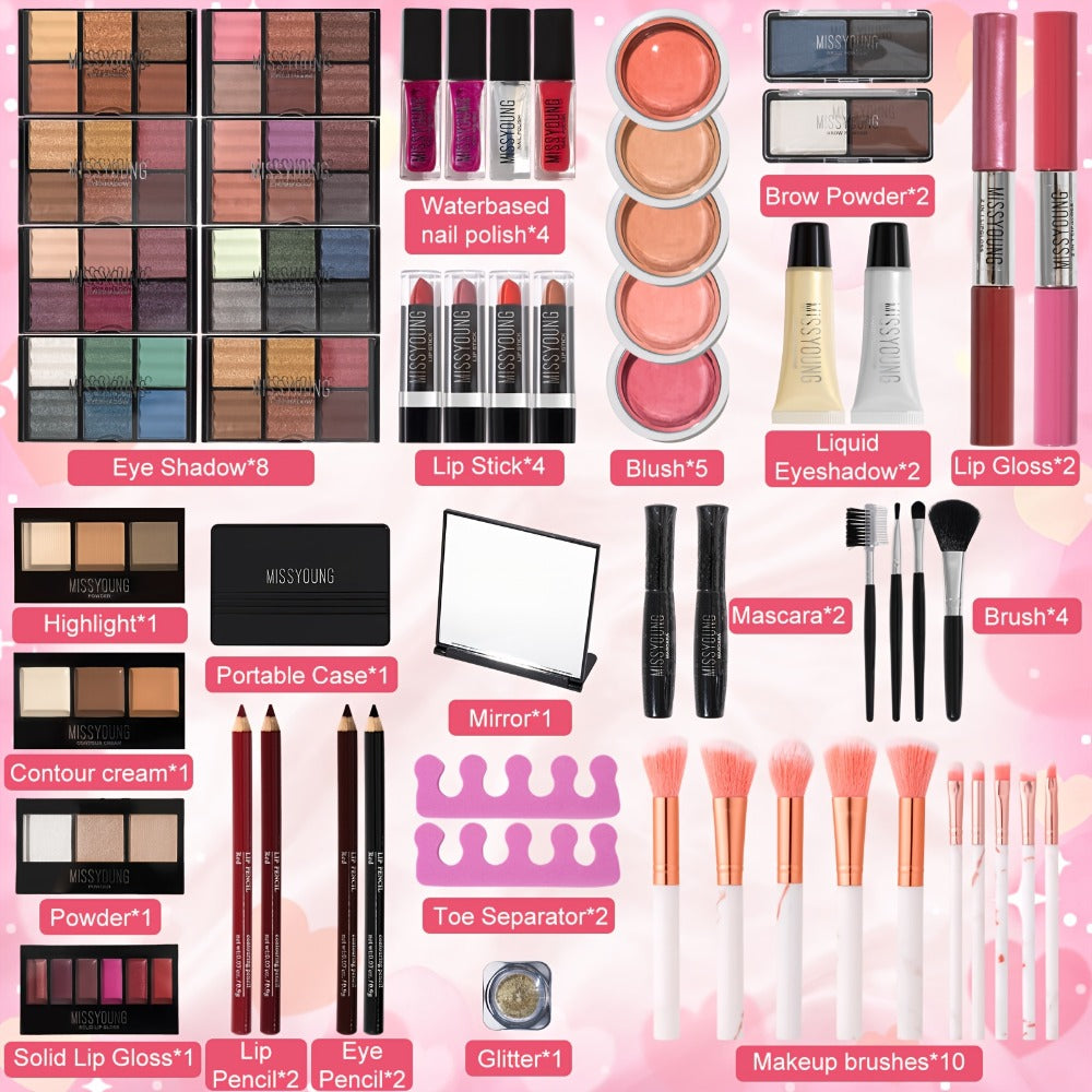 Makeup Gift Set 106 Piece Full Face Kit Eyeshadow Palette Lipstick Lip Gloss Blush Mascara Eyeliner Concealer Brushes Complete Beauty Box