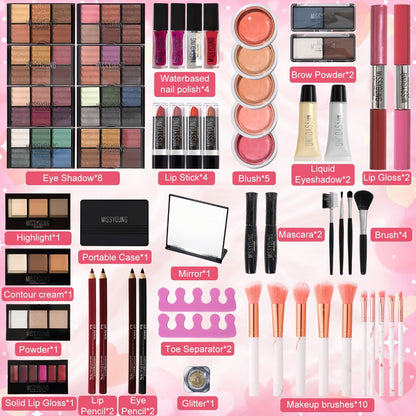 Makeup Gift Set 106 Piece Full Face Kit Eyeshadow Palette Lipstick Lip Gloss Blush Mascara Eyeliner Concealer Brushes Complete Beauty Box