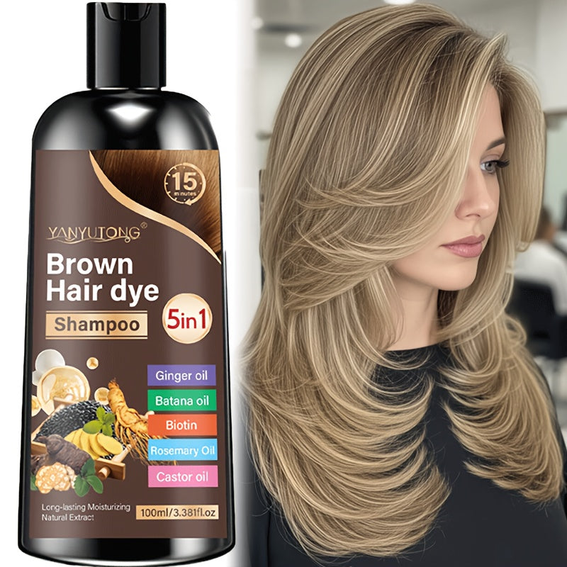 Hair Dye Shampoo 5-in-1 with Ginger Oil Biotin Rosemary Castor Oil | Gentle Gray Coverage Color Shampoo | Quick Coloring for Black Brown Chestnut Brown