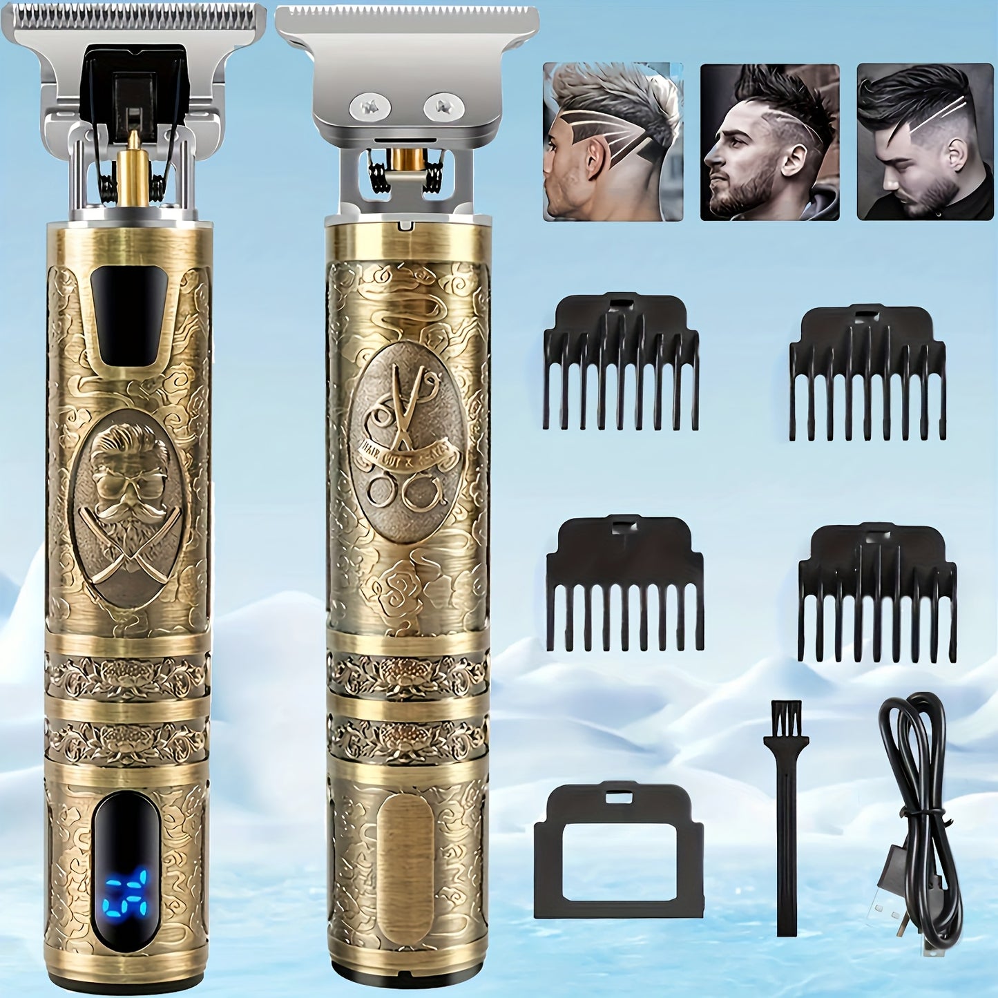 T-Blade Hair Trimmer for Men - LED Display USB Rechargeable 2000mAh, Vintage Dragon & Mustache Design, 4 Combs, Cordless Precision Grooming Kit, Holiday Gift