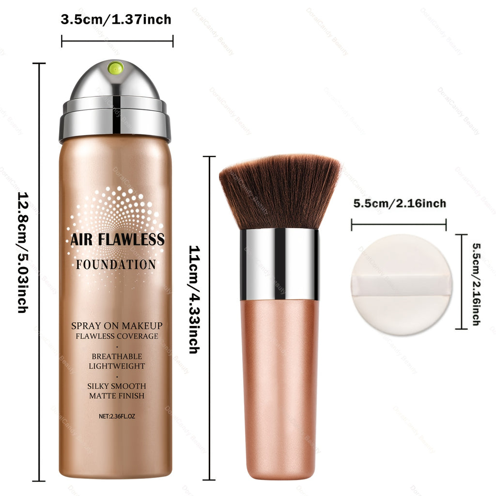 Professional Airspray Foundation Kit | 01 Natural+Green Round Puff + 2 Fingertip Puffs - 4 Shades (01-04) Available, Full Coverage, Long-Lasting, Suitable for Daily Party Makeup