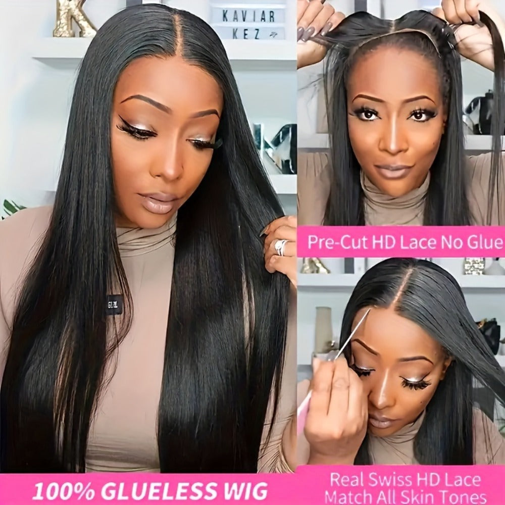 Wear and Go Wig Human Hair 4x4 HD Lace Closure — Glueless, Pre-Plucked, 200% Density, Straight, Pre-Cut Lace, Ready to Wear Wig for Women, Natural Black, 16–36 Inch