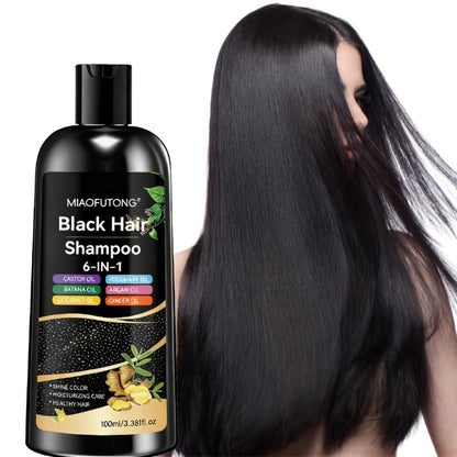 Black Hair Dye Shampoo 6-in-1 Gray Coverage - Castor, Batana, Coconut, Rosemary & Ginger Oil Formula, Instant Color, Glossy & Voluminous, Unisex, All Hair Types