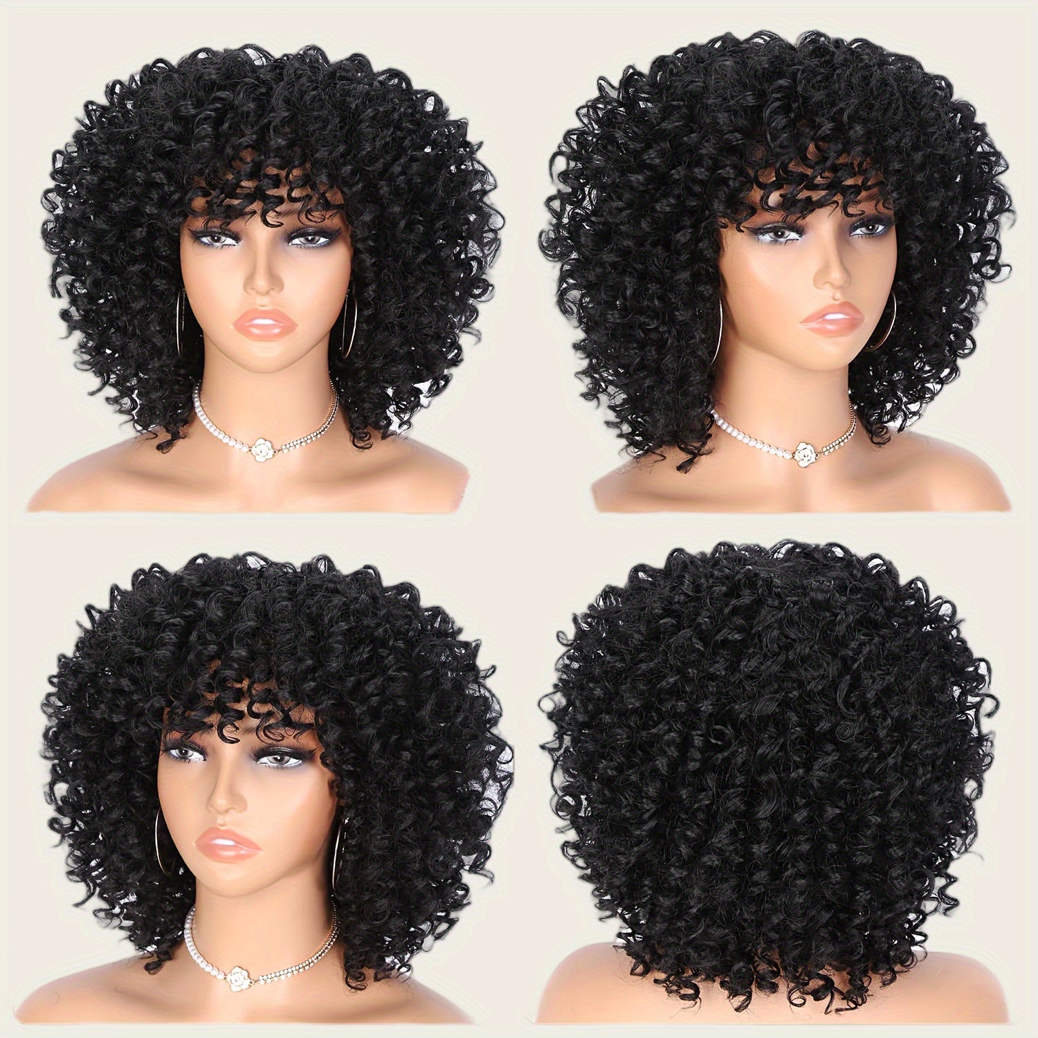 Elegant Afro Curly Kinky Wig for Women - High-Density 180% Synthetic Hair, Short Style with Bangs, Stretch Net Cap, Versatile for Daily & Party Wear, Chic and Stylish for All Ethnicities, Versatile Hairstyle | Chic Short Wig | Synthetic Hair Wig