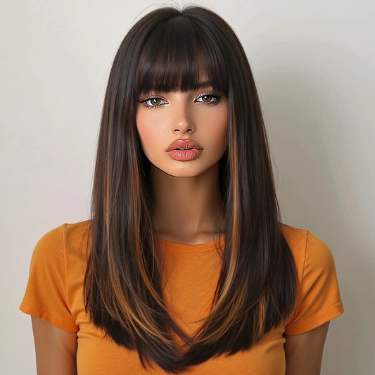 A 24-Inch Synthetic Wig Featuring Black Straight Hair with Orange Highlights And Bangs, Designed with a Headband for Women. It Includes a Dyed Rose Mesh Hat Made of Matte High-Temperature, Perfect for Fashionable And Trendy Everyday Wear. It'S Comfo