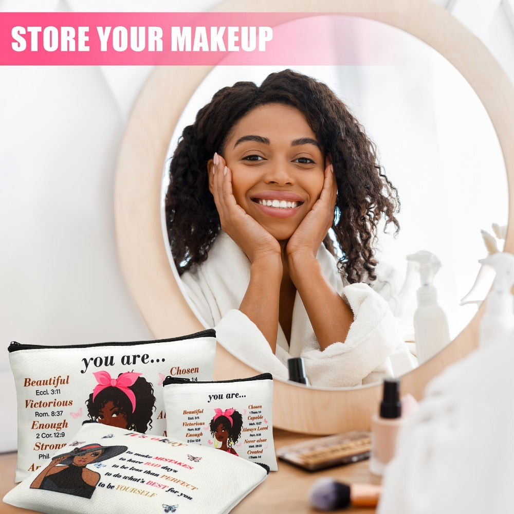 12pcs African American Makeup Bag Black Women Makeup Bag Inspirational Gift Bag African Queen Zipper Travel Bag Wallet Toilet Storage Bag, 8.3 X 5.1 Inches, 4.3 X 3.5 Inches (Classic)