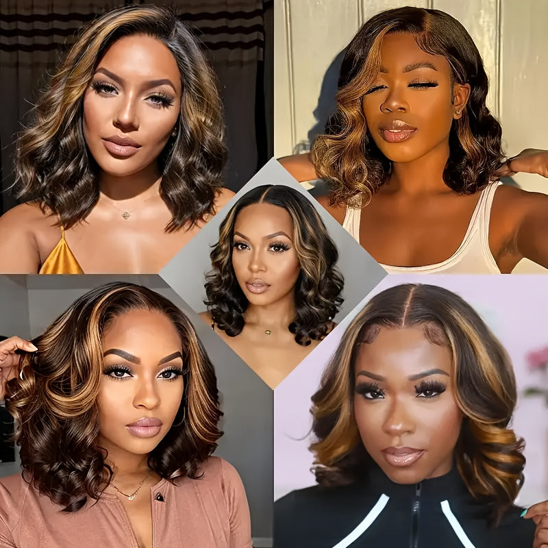 Honey Blonde Ombre Body Wave Lace Front Wig - 13x4 HD Human Hair Bob Wig for Women, Pre-Plucked Brazilian Human Hair with Baby Hair, Highlighted Gradient Color Transition, Loose Waves Hair Wig Perfect for Beginners