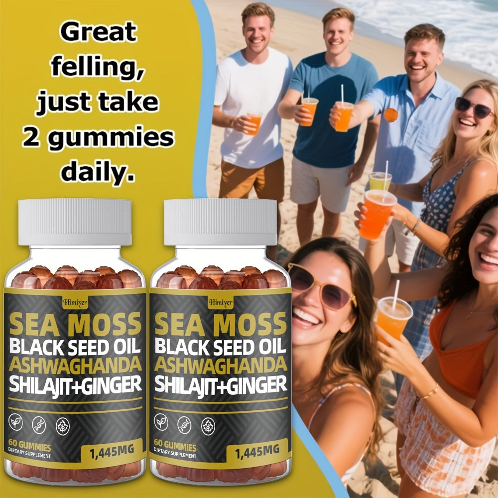 2 Month Supply, Sea Moss Gummies Black Seed Oil, Ashwagandha, Ginger, Shila Gummies with Elderberry, Chlorophyll, Turmeric, Bladderwrack, 60 Gummies Per Bottle