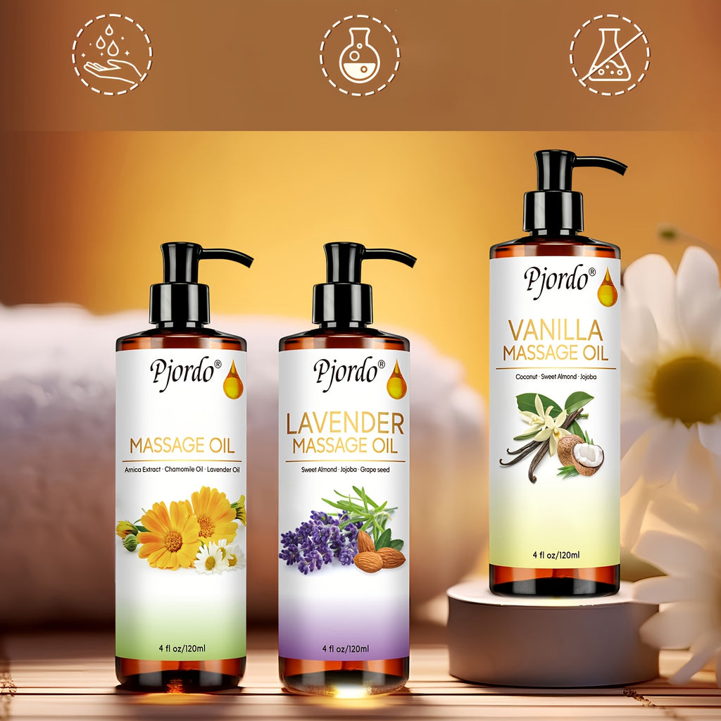 3pcs 4.06 oz Massage Essential Oil Set, Vanilla Oil, Arnica Oil, Lavender Massage Oil For Date Night, Massage Roller Ball, Moisturizing Massage Kit, For All Skin Types, Scented, Unisex-adult
