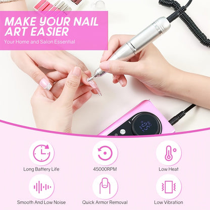 Nail Drill Machine 45000 RPM Brushless Motor Rechargeable Electric Nail File with LCD Screen 6 Bits Kit for Gel Acrylic Manicure Pedicure Home Salon Professional
