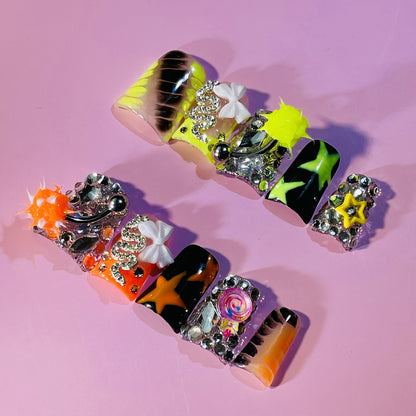 Y2K Press On Nails Handmade 3D Charm Duck Nail - Nightmare Eye Barbell Rhinestone Strobe Gradient Star Design Duckbill False Nails Trendy Party Nail Art for Women Girls S M L
