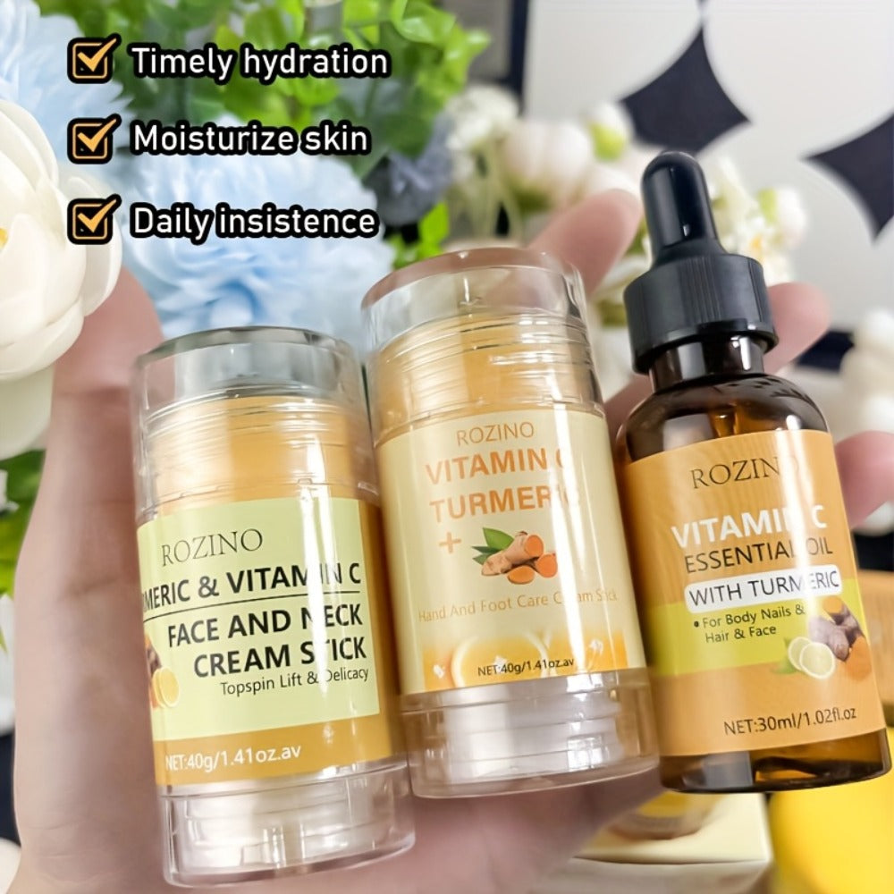 5pcs Turmeric Vitamin C Facial and Hand Foot Care Set, Hydrating Moisturizing Cream with Fine Texture, Instant Hydration, Brightening, Plumping Light Beige, Softens, Smooths, and Balances Light Beige