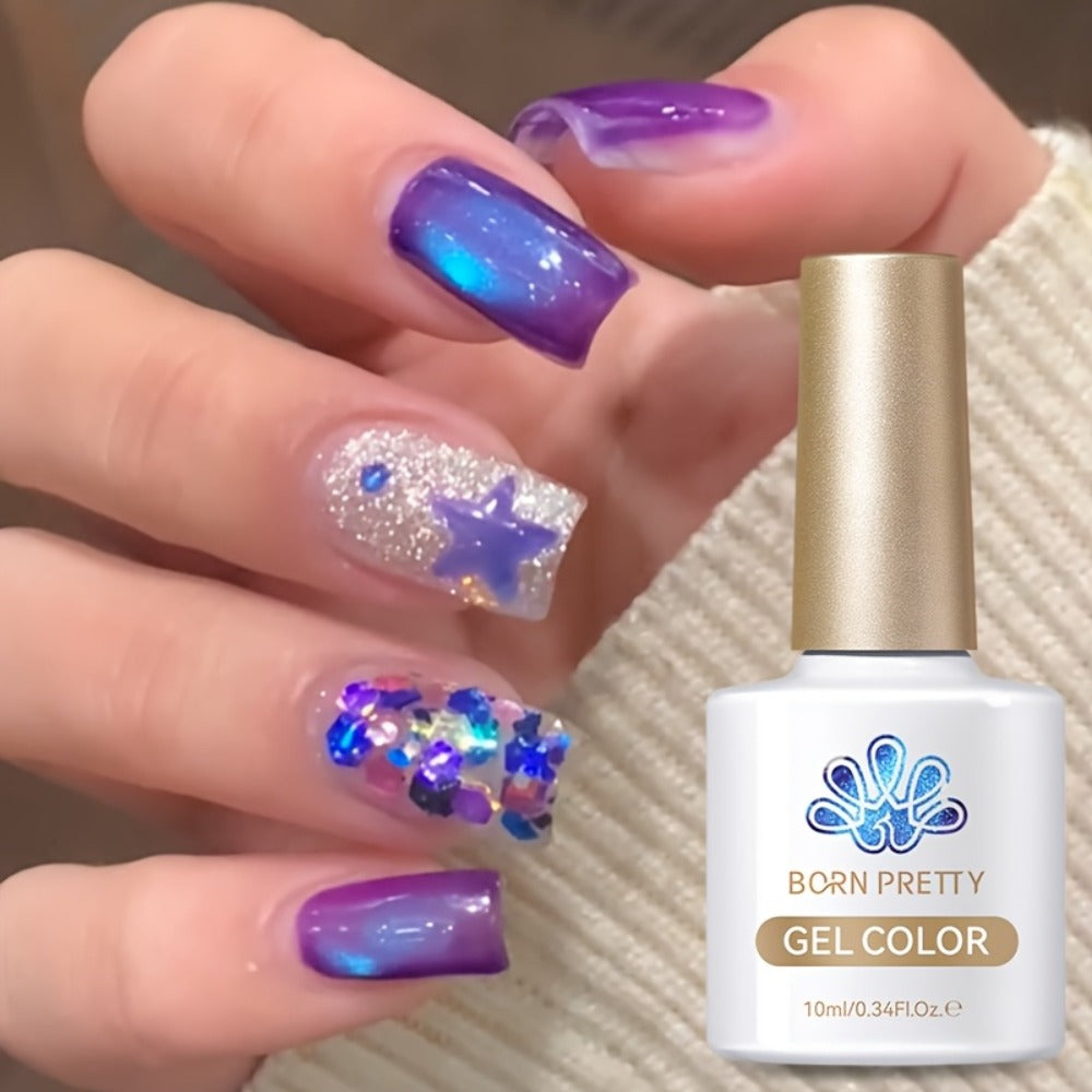BORN PRETTY 0.34oz Blueberry Glitter Cat Magnetic Gel Nail Polish Glass Beaded Purple Blue Sparkling Semi-Permanent Gel Varnish