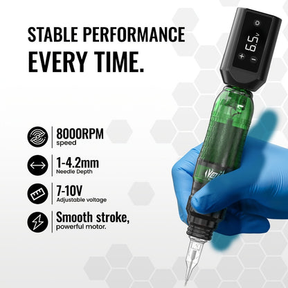 Tattoo Pen Kit VOID Wireless 1200mAh Anti-Slip Grip with 10 Cartridge Needles 5 Ink Shades 3-4 Hour Battery 4-12V Adjustable Rotary Tattoo Gun for Beginners Purple Green
