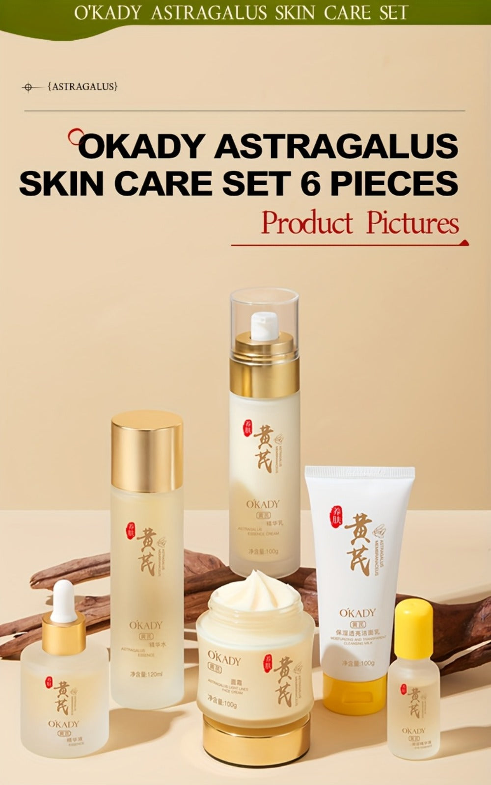 Astragalus Skin Care Set, And Astragalus Face Cream-100g, Antioxidant, Hydrating Nourishing, Reduce The Look Of Wrinkles, Astragalus Face Cream, Essence, Facial Cleanser, Water, Lotion, Eye Cream. Suitable For All Skin Types