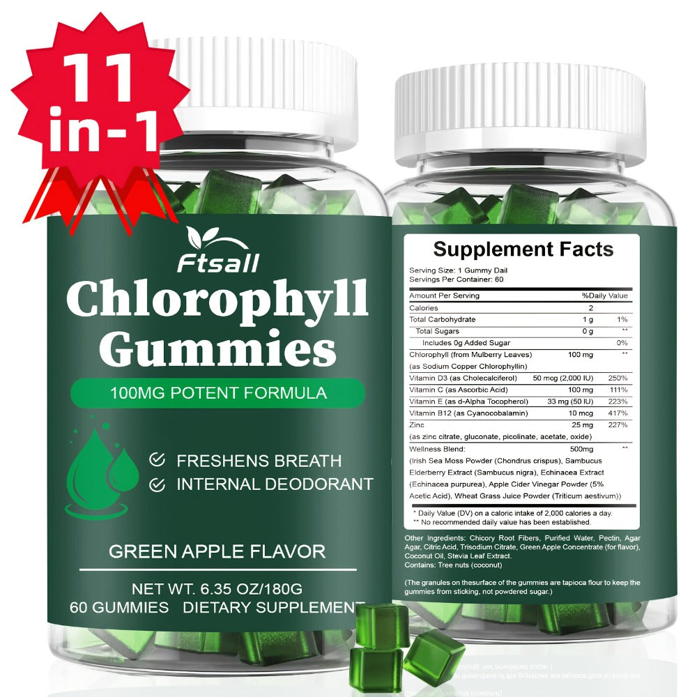 Ftsall Chlorophyll Gummies with Vitamin C, D3, E, B12, Zinc And Irish Sea Moss, Sambucus Elderberry, Echinacea, Apple Cider Vinegar, Freshens Breath Natural Body Deodorizing Supplement, Chlorophyll Herbal Gummies for Women Men Apple Flavor 60 Count
