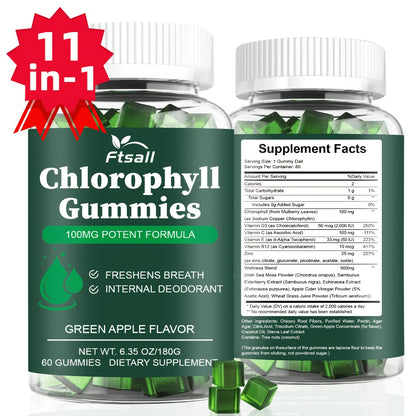Chlorophyll Gummies 60 Count with Vitamin C D3 E B12 Zinc Irish Sea Moss Elderberry Echinacea & Apple Cider Vinegar — Fresh Breath Body Deodorising Supplement for Women & Men