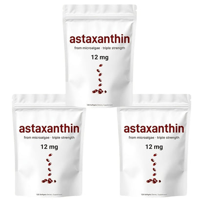 Astaxanthin 12mg Softgels 3 Pack 120 Count 4-Month Supply Triple Strength Antioxidant Supplement Fresh Microalgae Source Skin Eye Immune Joint Support Easy Swallow