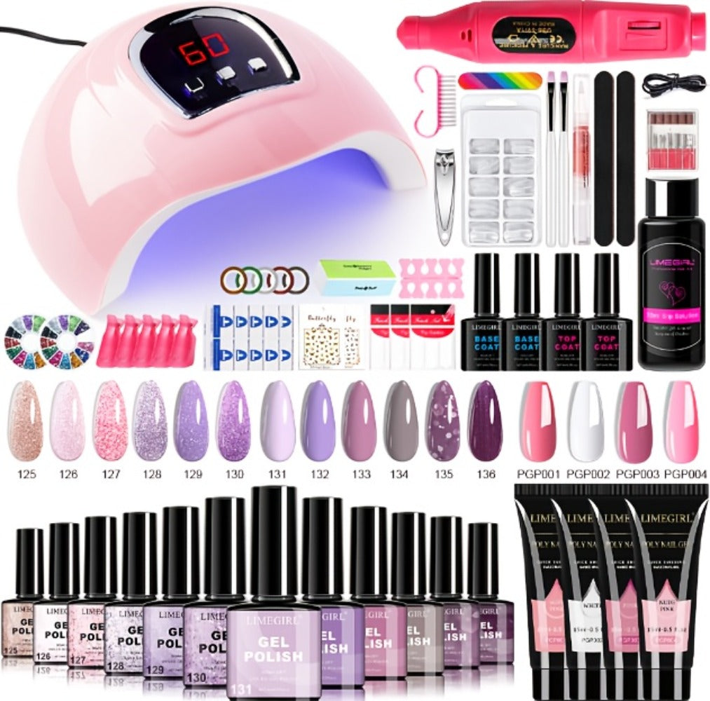 New Year 12 Colors Gel Nail Polish Kit with Nail Lamp Electric Nail Drill, 4 Colors Poly Extension Gel Nail, Nail Cutter, Nail Glitter, Top Coat Base Coat, Nail Art Design Gel Kit Valentine's Day Gift