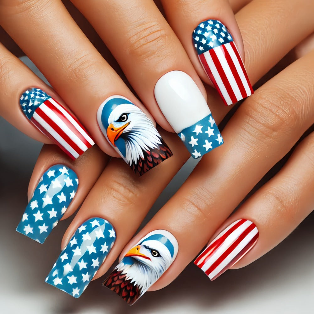 216pcs 4th of July Press On Nails - Red White Blue Stars Stripes Medium Coffin Acrylic Fake Nails, Full Cover Glossy Finish for Women, Patriotic Manicure Nail Art (9pcs), Festive Nail Designs, Festive Patterns, Striking Design Variety