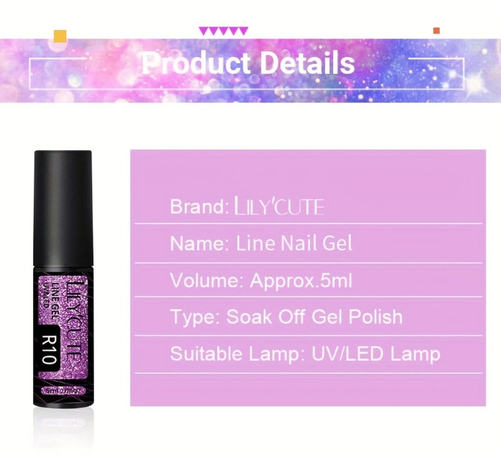 LILYCUTE 9pcs/Set Reflective Glitter Line Gel Nail Polish - Summer Bright Sparkling Gorgeous Color for Manicure, Pull Line Graffiti Painting Stripe Gel Nail Art LED Gel Varnish, Gel Nail Polis, Diy Manicure, Beauty Lovers, Salon Professionals