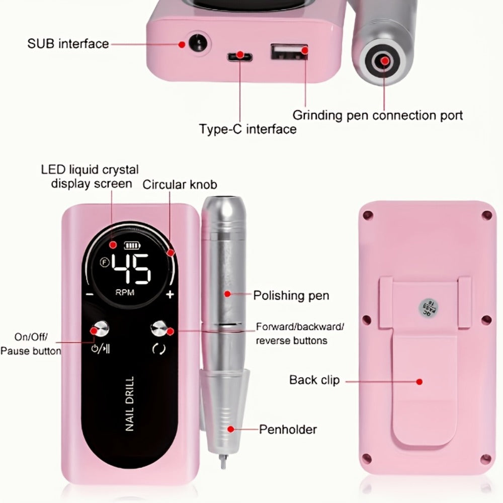 45000 RPM Adjustable Speed Nail Drill Professional Cordless Electric Nail File Low-noise Nail Manicure Machine for Women Buffing And Polishing Nail Tool Set with LCD Display for Nail Salon for Nail Care(Pink Purple White)