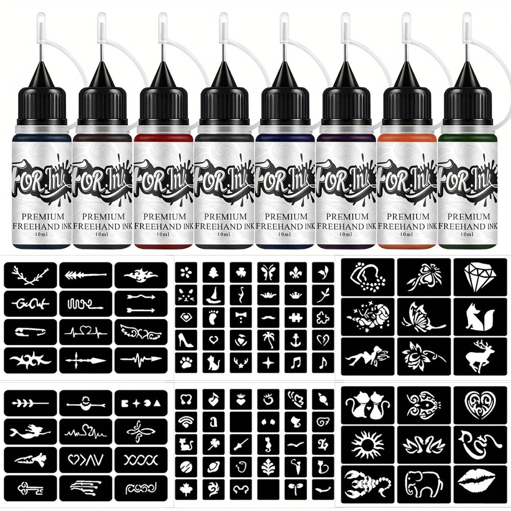 8 Bottles For. Ink Tattoo Ink Set, Mixed Color System, Hollow Template Stencils, Semi-Permanent Body Art, Waterproof, Long-Lasting, Creative Design for Parties, Holidays, Special Occasions
