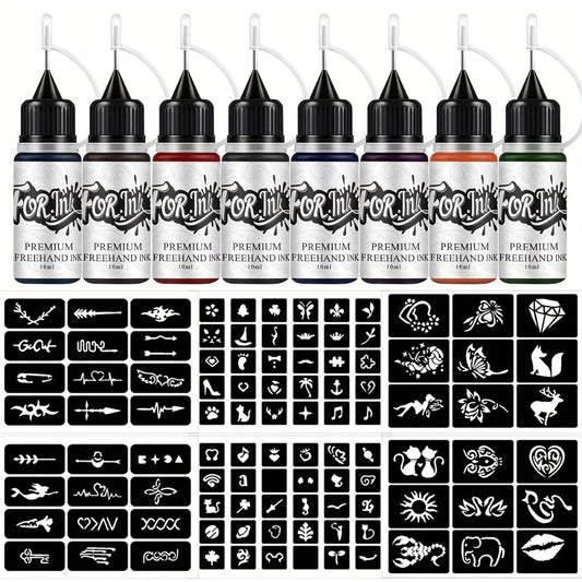 8 Bottles For. Ink Tattoo Ink Set, Mixed Color System, Hollow Template Stencils, Semi-Permanent Body Art, Waterproof, Long-Lasting, Creative Design for Parties, Holidays, Special Occasions