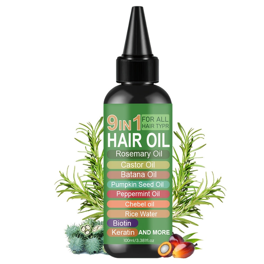 Rosemary Hair Oil 9-in-1 100ml — Rice Water, Castor, Batana, Biotin & Keratin Blend, Moisturizing Smoothing Split End Repair Hair Oil for All Hair Types