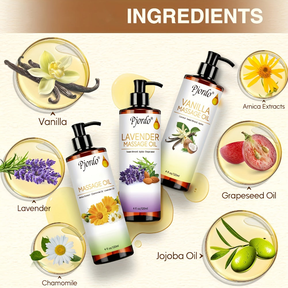 3pcs 4.06 oz Massage Essential Oil Set, Vanilla Oil, Arnica Oil, Lavender Massage Oil For Date Night, Massage Roller Ball, Moisturizing Massage Kit, For All Skin Types, Scented, Unisex-adult