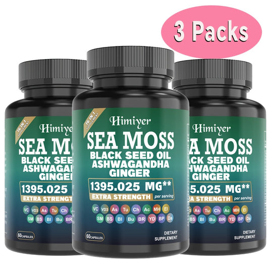 3Packs Sea Moss Capsules W/ Black Seed Oil, Ashwagandha & Turmeric - 90mg Vitamin C & D3 for Vitamin Support - Natural Supplement. Health & Energy. Sea Moss Bladderwrack Burdock Mlultimineral Blend Apple Cider Vinegar ManukaHoney Ginger...