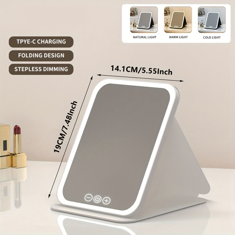 LED Makeup Mirror Folding with Touch Screen - USB Rechargeable Portable Vanity Mirror, Tri-Color Dimmable Lighting, Travel Desk Tabletop Use, Square or Round, Pink or White