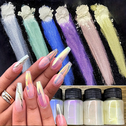 Aurora Nail Powder 12 Colors Chrome - Pearl Glitter Neon Dust for Chrome Nail Art Dipping Powder Decoration & Nail Charms - Holographic Iridescent Nail Pigment Set