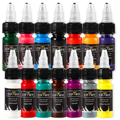 Tattoo Ink Set 14 Colors 15ml — EIPTWH Bright Vivid Pigments, Long-Lasting Formula, Safe for Skin, Complete Color Palette for Professional Artists & Beginners