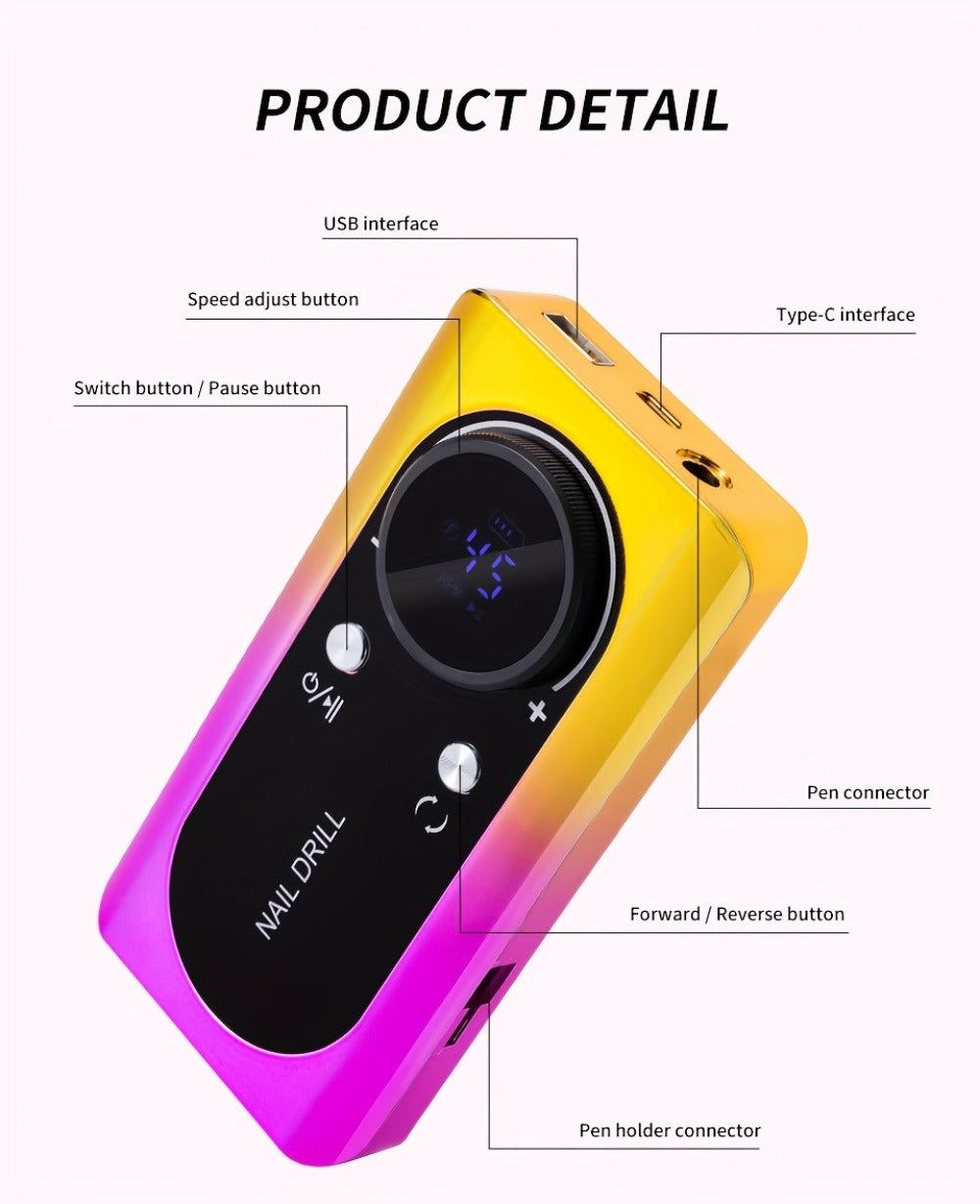 45000RPM Portable Electric Nail Drill Machine with LCD Display Nails Sander for Acrylic Gel Polish Rechargeable Nail Tool