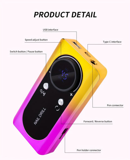 Nail Drill Machine 45000RPM — Portable Rechargeable Electric E-File with LCD Display for Acrylic Gel Polish Natural Nails, Professional High-Speed Cordless Nail Sander for Salon & Home Manicure Pedicure