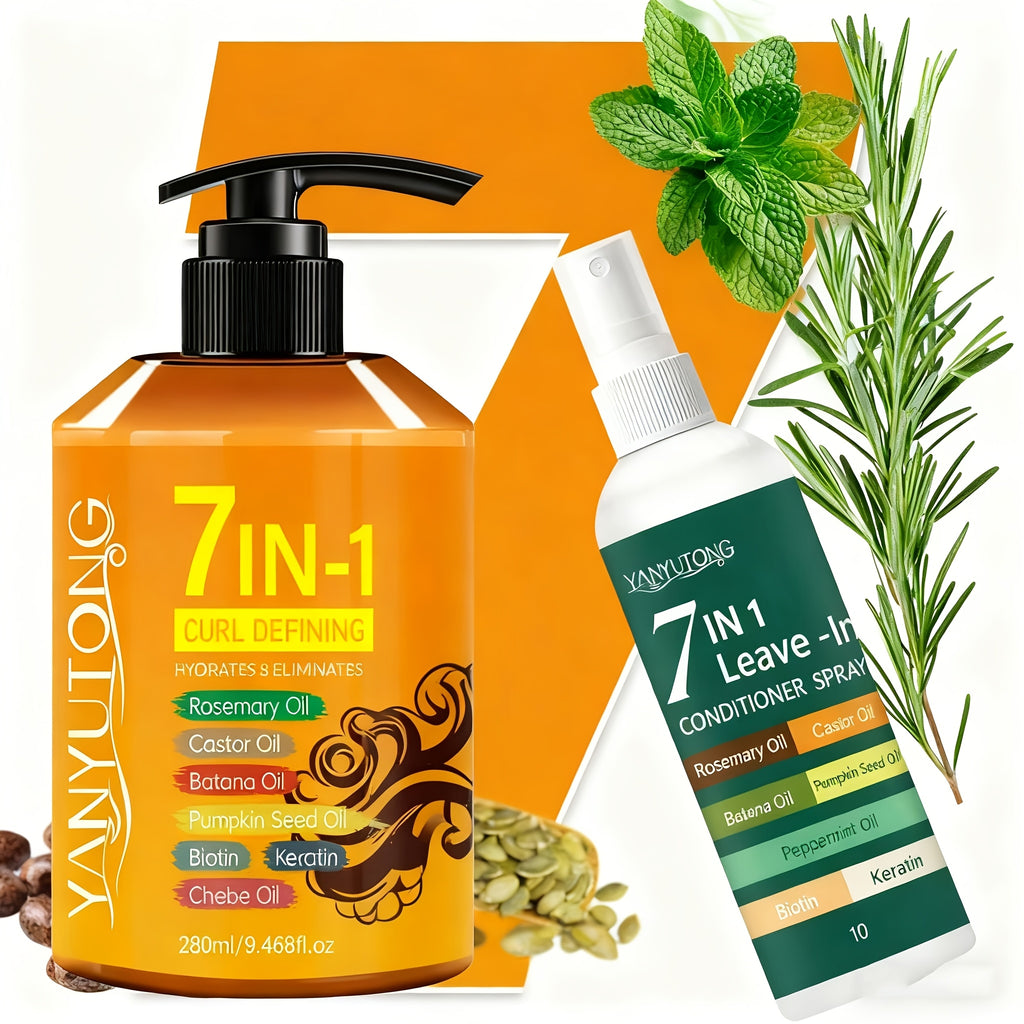 [2-Pack]Upgraded 7-in-1 Hair Styling Cream 9.47oz + 7-in-1 Fragrance Leave-in Hair Spray 3.38oz - with Rosemary/Castor/Batana/Pumpkin Seed Oils, No-rinse Anti-frizz for Lasting Moisture, Voluminous Curls & All Hair Types (Long-lasting Scent)