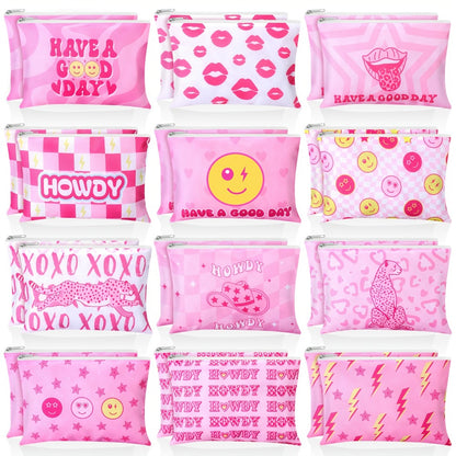 Cosmetic Bags Bulk 24-Pack Pink Cute Makeup Pouches with Zipper Travel Toiletry Organizer Bag Women Girls Party Favor Birthday Gift Howdy Western Theme