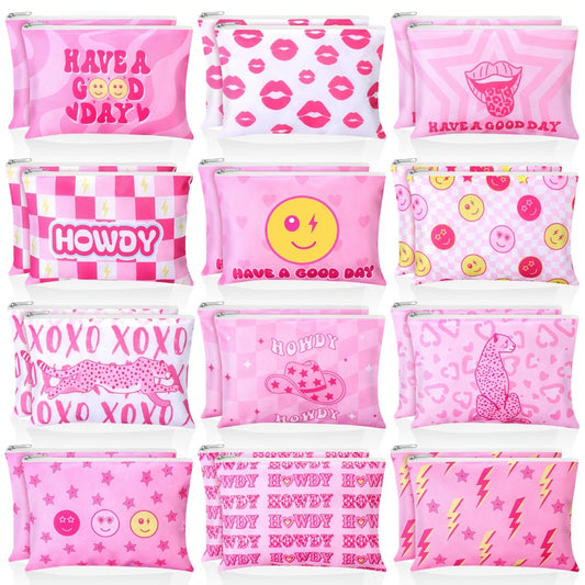 24pcs Cosmetic Bags Pink Makeup Pouches Bulk Cute Cosmetic Pouch With Zipper Women'S Gift Travel Toiletry Organizer Bags Howdy Birthday Gifts For Party Supplies