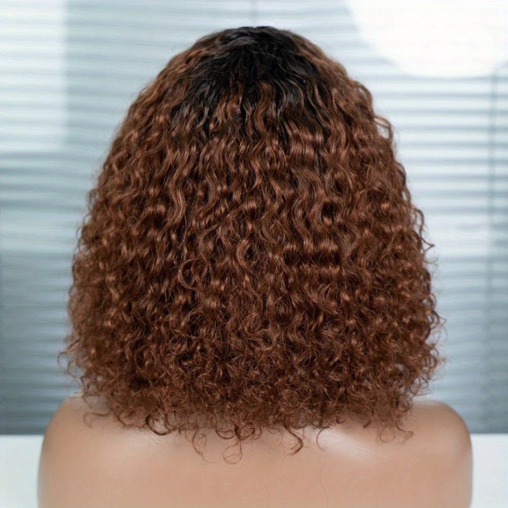 Human Hair Bob Wig Curly Water Wave Glueless Short Wig with Bangs 150% Density Ombre Brown Auburn 12 Inch Beginner Friendly Natural Hairline Daily Wear