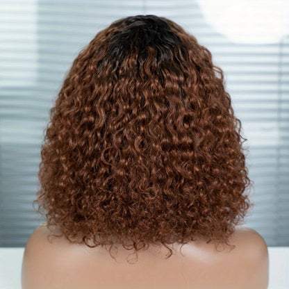 Human Hair Bob Wig Curly Water Wave Glueless Short Wig with Bangs 150% Density Ombre Brown Auburn 12 Inch Beginner Friendly Natural Hairline Daily Wear